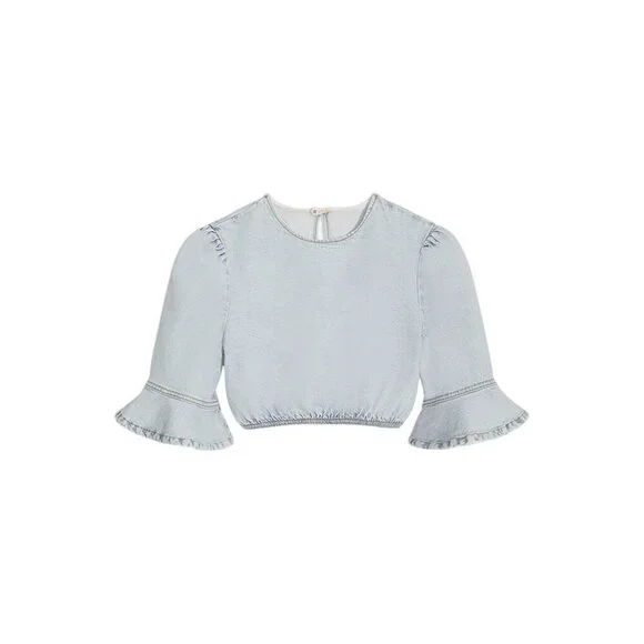 WeWoreWhat Cropped Denim Top Flare Cuffs & Elastic Waist Super Light Indigo L - Picture 2 of 3